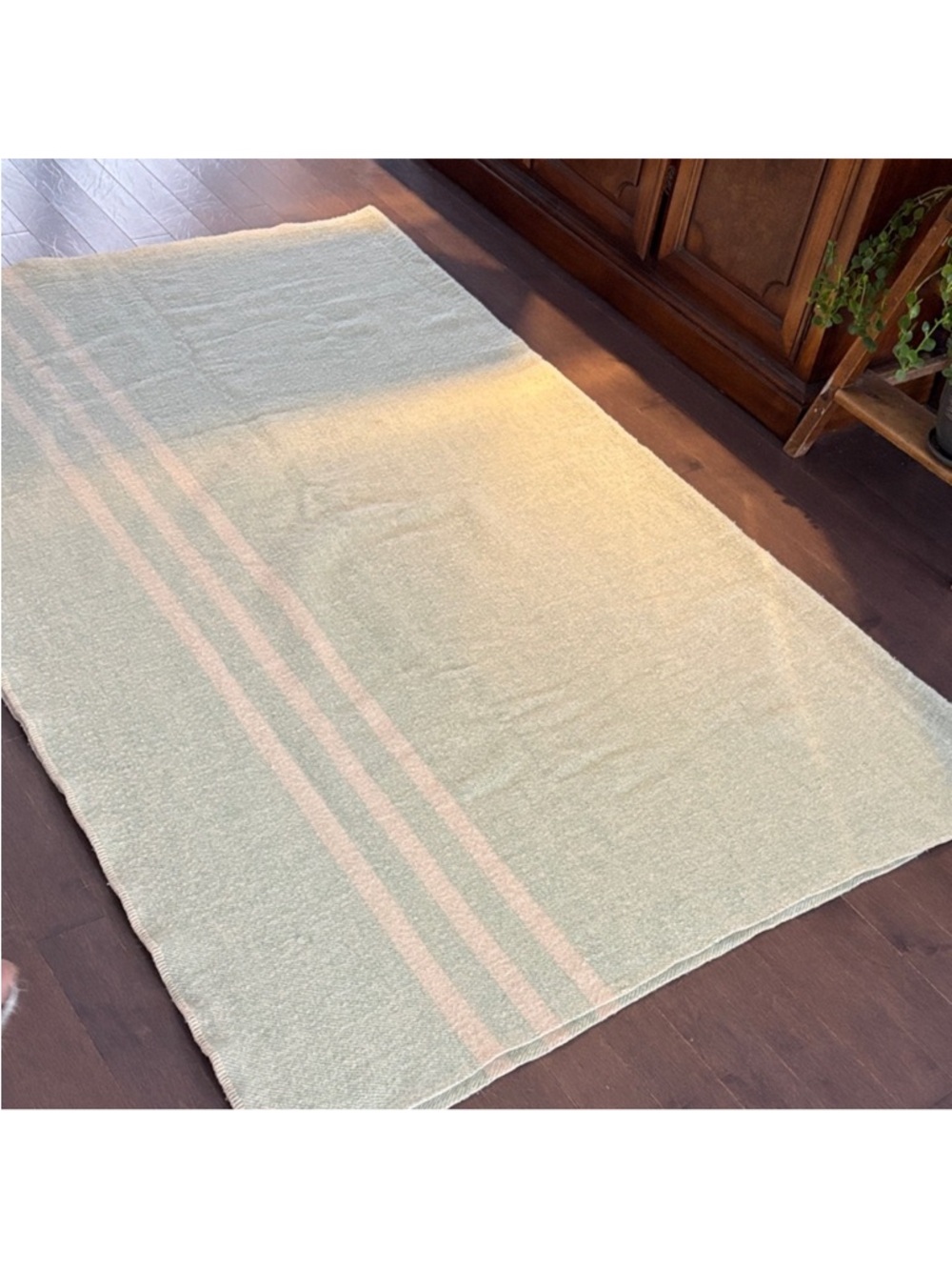 Vintage Wool Blanket Sage Green w/Cream Stripes | Cozy Winter Cabin Throw - Picture 3 of 6